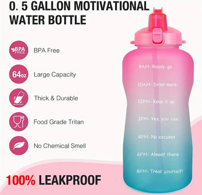 Motivational 64oz Water Bottle with Time Marker & Straw