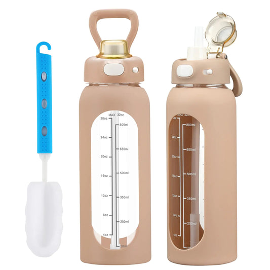 SIEROZUR 32 oz Glass Water Bottle with Straw and Handle Large Sports Motivational Water Bottle with Time Marker Leakproof Water Jug with Silicone Sleeve for GymSports Workout Daily