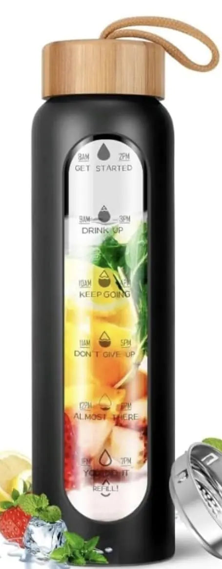 32 Oz Motivational Borosilicate Glass Water Bottle with bamboo lid and silicone sleeve (Black)