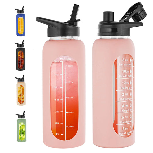SIEROZUR 32oz Glass Water Bottle with 2 Lids-Handle Spout Lid & Straw Lid Large Sports Motivational Water Bottle with Silicone Sleeve and Time Marker Leakproof Reusable Water Jug for Gym